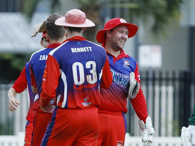 Mulgrave players celebrate in the Cricket Far North (CFN) match between Rovers and Mulgrave, held at Griffiths Park, Manunda. Picture: Brendan Radke