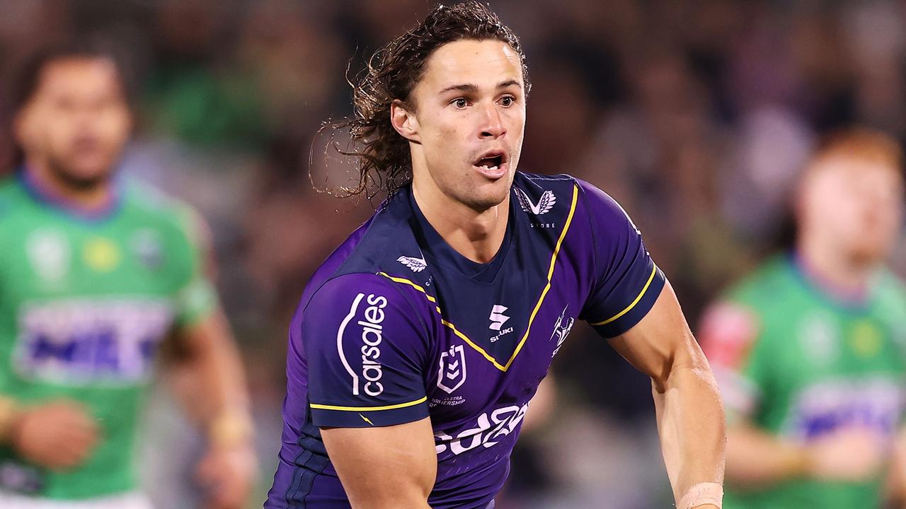 CANBERRA, AUSTRALIA - MAY 22: Nicho Hynes of the Storm passes during the round 11 NRL match between the Canberra Raiders and the Melbourne Storm at GIO Stadium, on May 22, 2021, in Canberra, Australia. (Photo by Mark Kolbe/Getty Images)