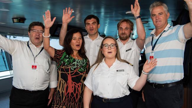 Shaun Drabsch CEO of DITT, Natalya Leahy President of SeaBourn Cruise Line, Captain Ertan Vasvi, Benna Runcie, Just Rustige and Minister Bowden as the luxury cruise ship Seabourn Pursuit arrives Darwin Port for the first time this year for its first season in the Kimberleys. Picture: Pema Tamang Pakhrin