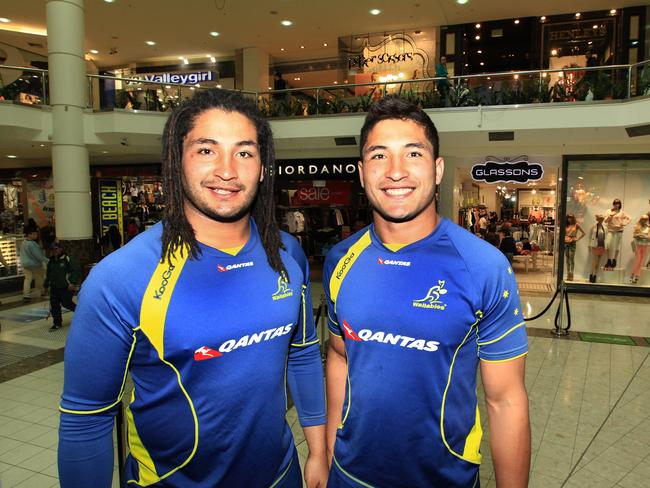 Wallabies twins Anthony, right, and Saia Fainga at a signing session at Westfield Parramatta.