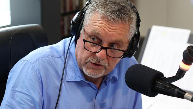 The Daily Telegraph 7.11.2024 Ray Hadley announcing his retirement on air at this morning, and his last show will be December 13. Pictured in his studio at 2GB in Pyrmont. Picture: Rohan Kelly.