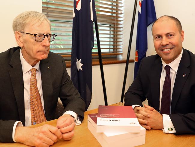 The federal government took possession of the final report from commissioner Kenneth Hayne on Friday afternoon, with the treasurer, Josh Frydenberg. Picture: Kym Smith