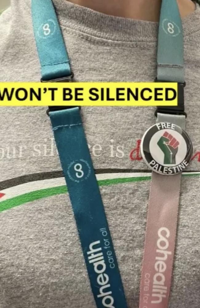 A healthcare worker wearing pro-Palestine badges and attire. Picture: Supplied