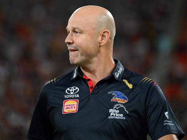 GOLD COAST, AUSTRALIA - MARCH 16: Head coach Matthew Nicks of the Crows looks on during the round one AFL match between Gold Coast Suns and Adelaide Crows at People First Stadium, on March 16, 2024, in Gold Coast, Australia. (Photo by Matt Roberts/AFL Photos/via Getty Images )