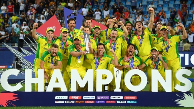 Aaron Finch lifts the T20 World Cup Trophy after defeating New Zealand in the final. Picture: Alex Davidson/Getty Images