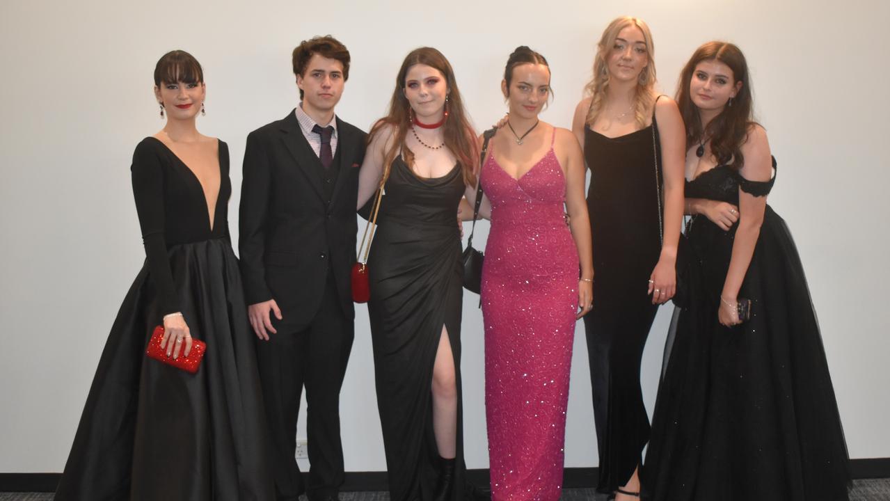 Krystelle Maker, Jack Lawson, Phoebe Austin-Zande, Ruby Grabbe, Alita Lavery and Larissa Ghoerge at the 2022 Nambour State College formal. Picture: Eddie Franklin