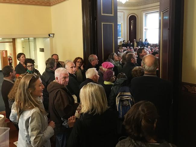 It was standing room only at Hobart Town Hall for the protest meeting. Picture: MATHEW FARRELL