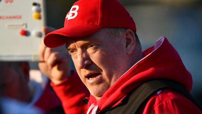 Lalor coach Lance Whitnall talks to his players. Picture: Josh Chadwick