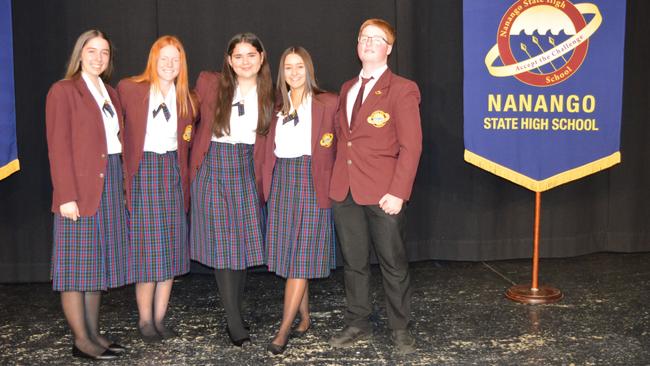 Nanango State High School vice captains Sienna Spencer and Sarah Kidman, student council president Victoria Diaz, school captains Charli Clark and Jerem Hinchliff