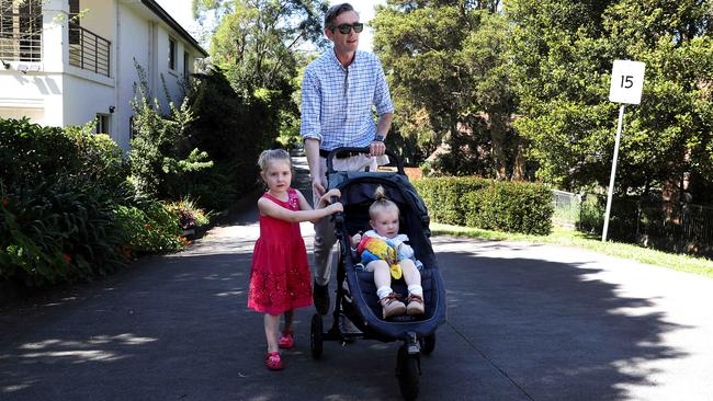 Dominic Perrottet with daughters Harriet and Beatrice in Sydney on Monday. Picture: Jane Dempster