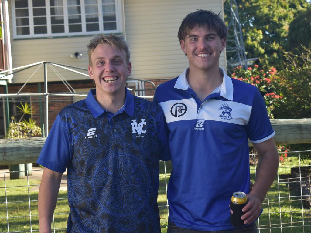 Gladstone Valleys' reserve grade players Tomas Murphy and Jace Bennett at Norths Chargers' inaugural TBMMBEKIND Day at the Gymmy Grounds, Rockhampton, on July 20, 2024.