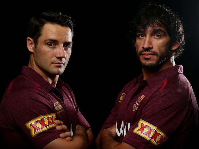 Cooper Cronk and Johnathan Thurston. Portraits of Queensland State of Origin players for Game 1 in Brisbane at Suncorp Stadium. Pic Peter Wallis   DO NOT USE... CONTACT THE COURIER MAIL PICTURE EDITOR FIRST.....