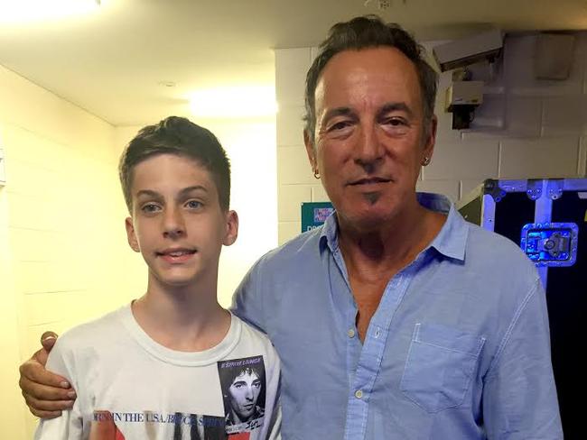 Brisbane teen Adam Booker meets his idol Bruce Springsteen. Picture: Supplied