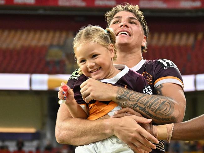 Reece Walsh’s daughter Leila is never far from the action at the Broncos. Picture: Chloe Davis/NRL Imagery.