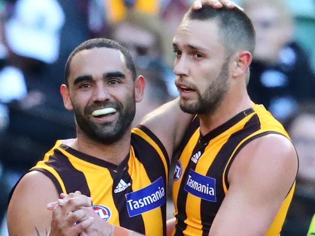 MELBOURNE, VICTORIA - JULY 02:  Shaun Burgoyne of the Hawks celebrates after kicking a goal with Jack Gunston of the Hawks during the round 15 AFL match between the Hawthorn Hawks and the Collingwood Magpies at Melbourne Cricket Ground on July 2, 2017 in Melbourne, Australia.  (Photo by Scott Barbour/AFL Media/Getty Images)