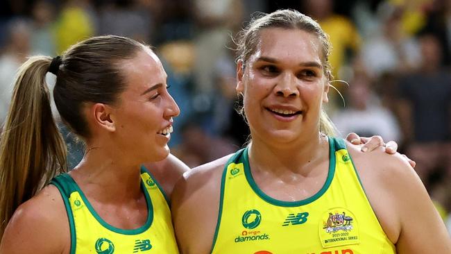 NEWCASTLE, AUSTRALIA - OCTOBER 26: Donnell Wallam of the Australia Diamonds celebrates with team mates at full time during game one of the International Test series between the Australia Diamonds and England Roses at Newcastle Entertainment Centre on October 26, 2022 in Newcastle, Australia. (Photo by Brendon Thorne/Getty Images for Netball Australia)