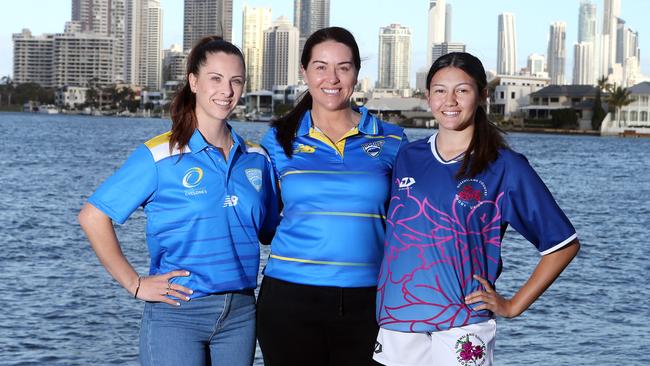 The Gold Coast has been given field extension approval to expand their girls rugby 7s program. Photo of Brooklyn Manu (C) from GCDRU who has fought for this with Annaleise Stoyko (L) and Skylah Samson (14). 11 July 2022 Southport Picture by Richard Gosling