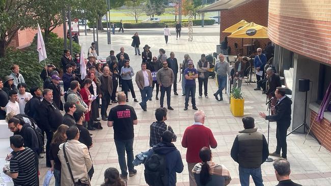 Staff and students rallied on Tuesday against the proposed job cuts outside the WSU Chancellery. Picture: Instagram