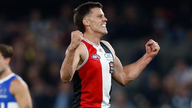 Collingwood is poised to choose between out-of-contract St Kilda forwards Jack Hayes (pictured) and Tim Membrey to pursue as a delisted free agent on Thursday. Picture: Michael Willson / Getty Images