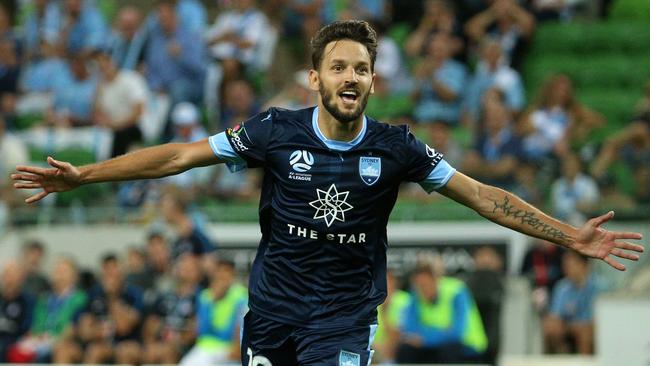 Milos Ninkovic of Sydney FC celebrates after scoring their second goal during the Round 20 A-League match between Melbourne City and Sydney FC at AAMI Park in Melbourne, Saturday, February 10, 2018. (AAP Image/Hamish Blair) NO ARCHIVING, EDITORIAL USE ONLY