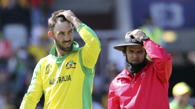 Australia's Glenn Maxwell reacts during the Cricket World Cup match between Australia and South Africa at Old Trafford in Manchester, Saturday, July 6, 2019. (AP Photo/Rui Vieira)