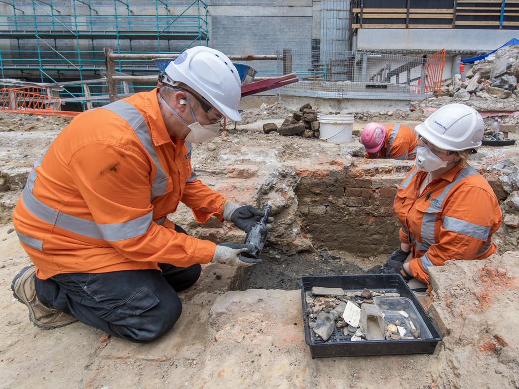 Hundreds of artefacts, some dating back to early 1800s, have been uncovered at Hunter Street’s metro site, including a property once owned by prominent Sydney merchant, Prosper de Mestre.  , , The sandstock brick footings believed to be part of the de Mestre residence and counting house, a traditional office where business finances were managed, were uncovered., , The footings date from the 1820s to 1840s. Hunter Street West site heritage investigations. Picture: Supplied