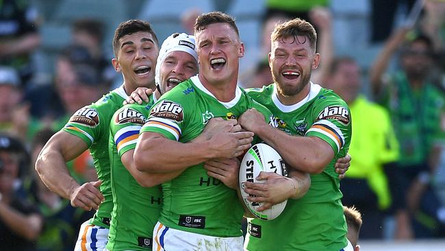 Jack Wighton celebrates his double. Picture: AAP/Lukas Coch