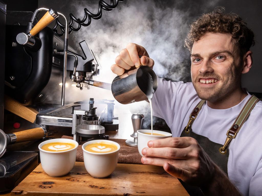 Jack Simpson of Axil Coffee, Hawthorn, secures his second title as Australia’s barista champion in Melbourne. Picture: Jason Edwards
