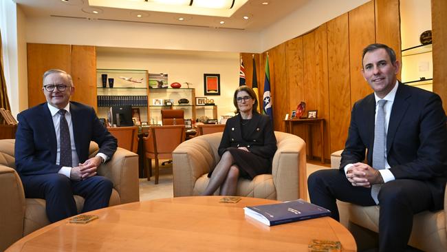 (L-R) Australian Prime Minister Anthony Albanese, incoming RBA governor Michele Bullock and Australian Treasurer Jim Chalmers speak during a meeting at Parliament House in Canberra on Friday.