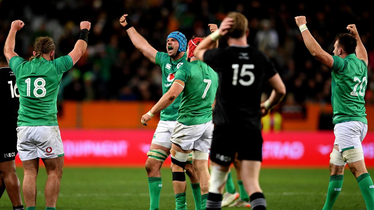 Ireland celebrate after defeating the All Blacks at Forsyth Barr Stadium on July 09, 2022 in Dunedin, New Zealand. Photo: Getty Images