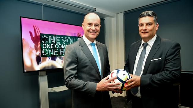 Chris Redman (left) and Gino Marra of the United For Macarthur and South West Sydney FC A-League bid. Picture: AAP