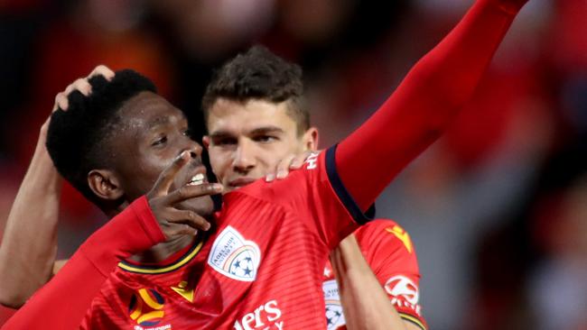 Al Hassan Toure of United celebrates his goal. Picture:AAP Image/Kelly Barnes