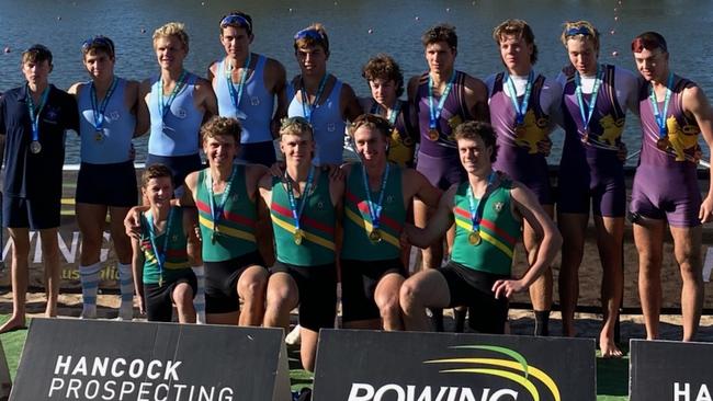 The winning crew (front row) from St Augustine's College, Brookvale, in the under/19 Men's Coxed Four with their gold medals at the 2022 Australian Rowing Championships held at the Nagambie Lakes Regatta Centre in Victoria. Picture: St Augustine's College