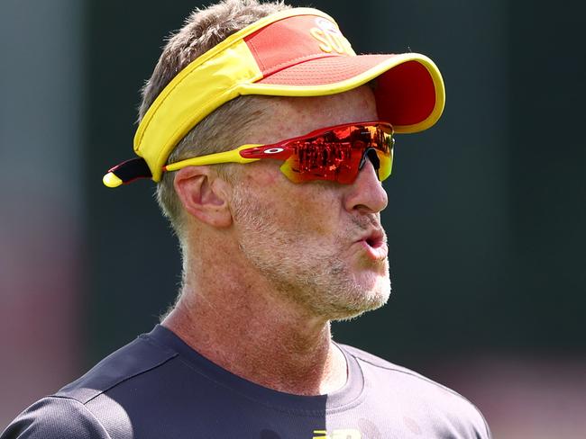 GOLD COAST, AUSTRALIA - FEBRUARY 19: Head coach Damien Hardwick during a Gold Coast Suns Training Session at Heritage Bank Stadium on February 19, 2024 in Gold Coast, Australia. (Photo by Chris Hyde/Getty Images)