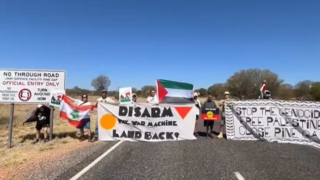 A group of protesters have at the entry to Joint Defence Facility Pine Gap, south of Alice Springs, on Sunday, February 23, 2025. Picture: Instagram/ Mparntwe for Falastin