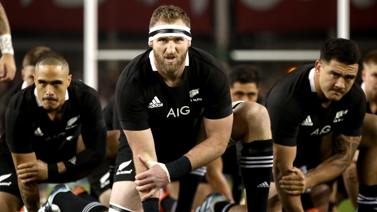 Kieran Read of the All Blacks leads the haka against Ireland in Dublin.