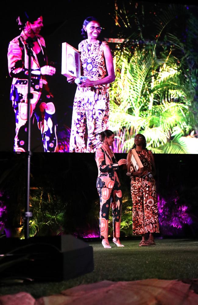 Walmajarri, Gooniyandi model Kahlia Rogers was named the inaugural Cecilia Cubillo Young Achiever Award winner at the 2024 National Indigenous Fashion Awards on Larrakia Country, Darwin. Picture: Zizi Averill