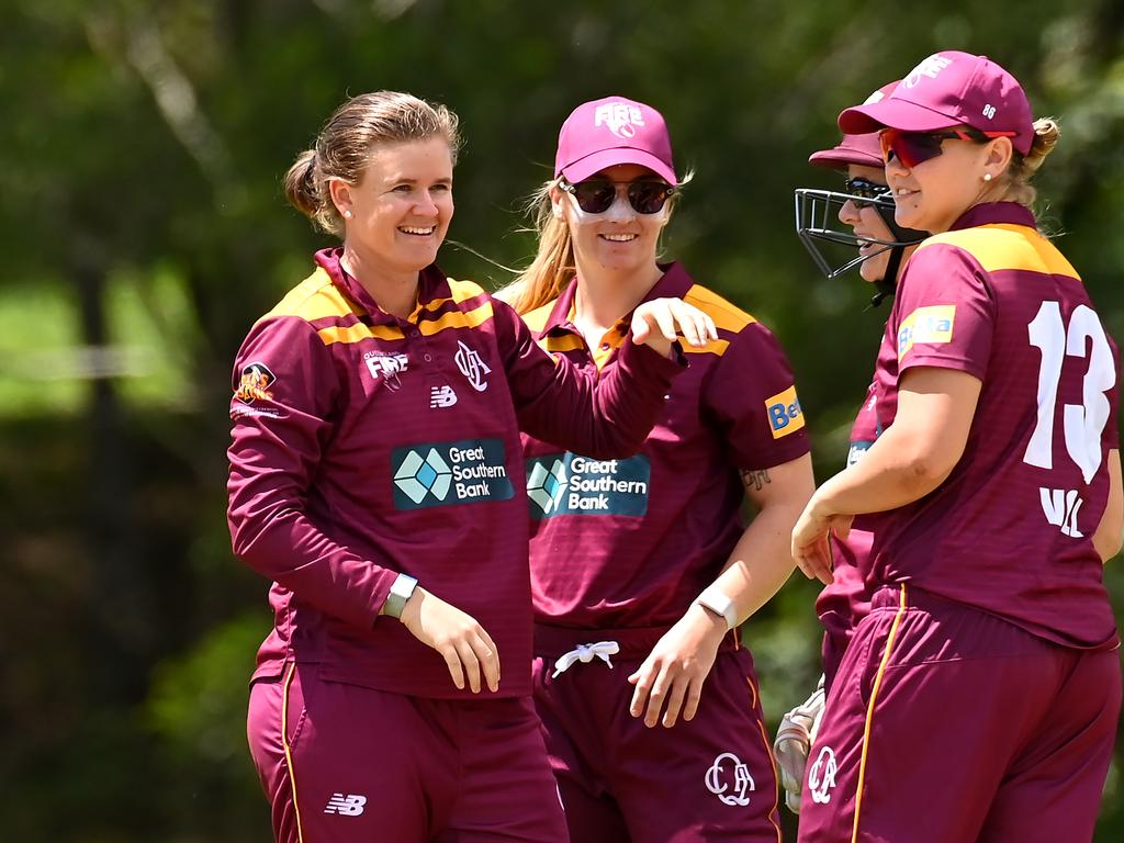 GOLD COAST, AUSTRALIA - OCTOBER 03: Jessica Jonassen of Queensland celebrates a wicket during the WNCL match between Queensland and the Australian Capital Territory at Bill Pippen Oval, on October 03, 2022, in Gold Coast, Australia. (Photo by Albert Perez/Getty Images)