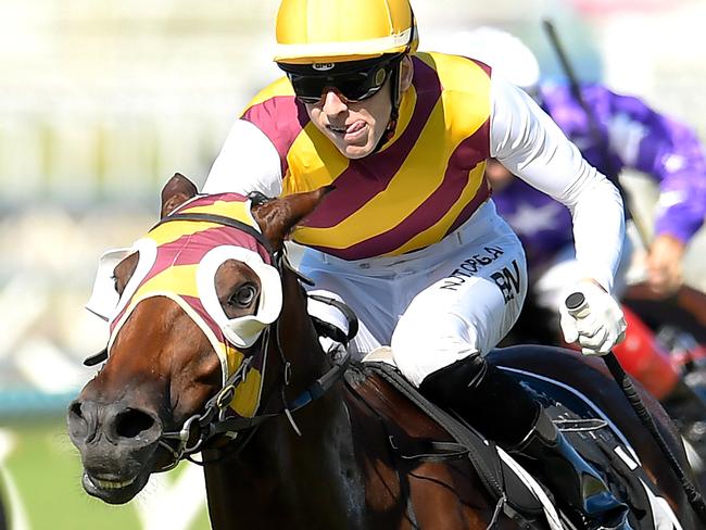 Jockey Baylee Nothdurft rides Get Stuck In to victory in race 5, the Open Handicap, during Saturday Raceday at Eagle Farm Racecourse in Brisbane, Saturday, March 21, 2020. (AAP Image/Albert Perez) NO ARCHIVING, EDITORIAL USE ONLY