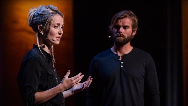 Thordis Elva and Tom Stranger, the authors of South of Forgiveness, at a TED talk.