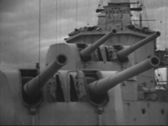 HMAS Sydney pictured exercising her forward gun turrets. Picture: Australian War Museum