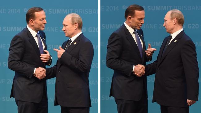 Then prime minister Tony Abbott greets Russian President Vladimir Putin during the official welcome at G20 Leadership Summit in Brisbane in 2014.