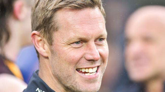 LAUNCESTON, AUSTRALIA - AUGUST 24: Sam Mitchell, Senior Coach of the Hawks celebrates after the final siren during the round 24 AFL match between Hawthorn Hawks and North Melbourne Kangaroos at University of Tasmania Stadium, on August 24, 2024, in Launceston, Australia. (Photo by Simon Sturzaker/AFL Photos/via Getty Images)