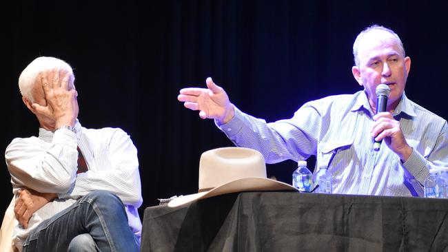 Incumbent MP Bob Katter Chamber of Katter’s Australian Party slaps his forehead at comments from LNP candidate Bryce MacDonald at the Hinchinbrook Chamber of Commerce-organised forum in Ingham for candidates vying for the seat of Kennedy in the 2022 Federal Elections. Picture: Cameron Bates