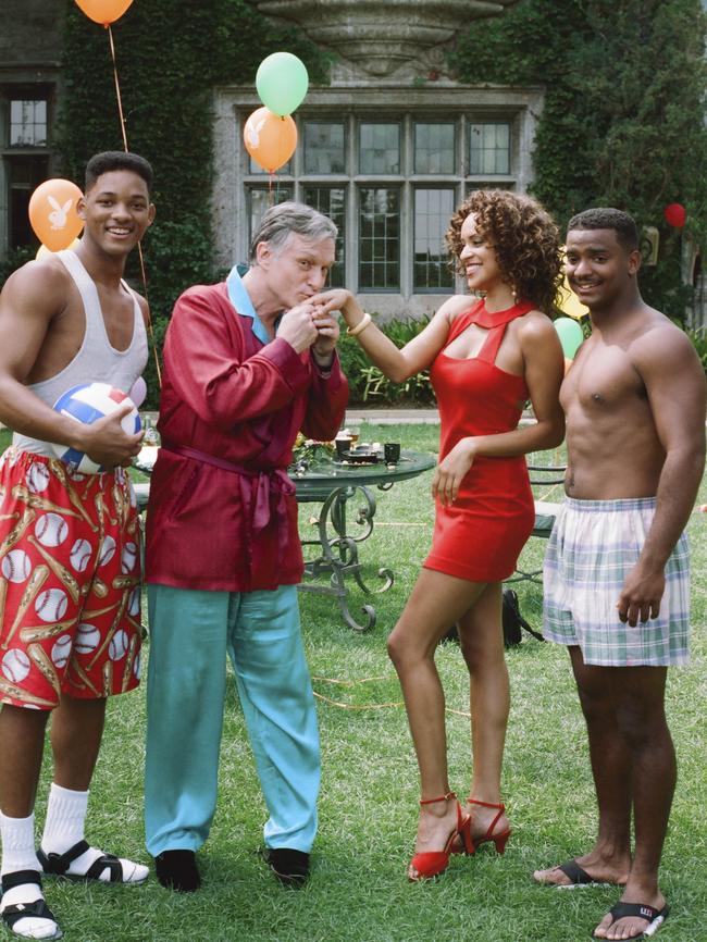 Will Smith, Hugh Hefner, Karyn Parsons and Alfonso Ribeiro in an episode of the Fresh Prince of Bel Air. Pic: Alice S. Hall/NBC/NBCU.