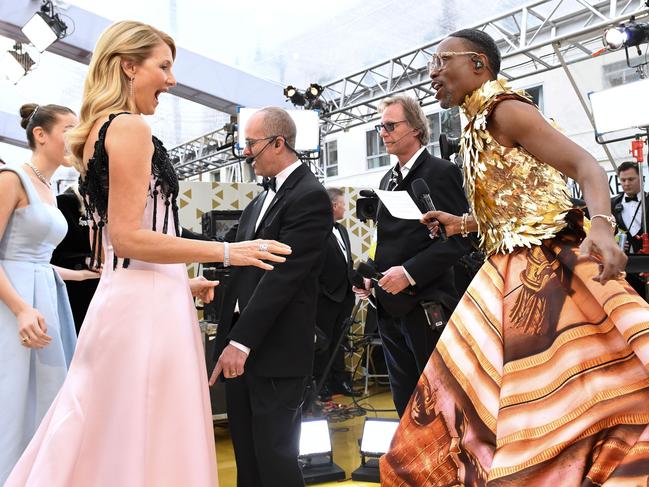 US actress Laura Dern (L) greets US actor Billy Porter as she arrives for the 92nd Oscars at the Dolby Theatre in Hollywood, California on February 9, 2020. Picture: Valerie Macon/AFP