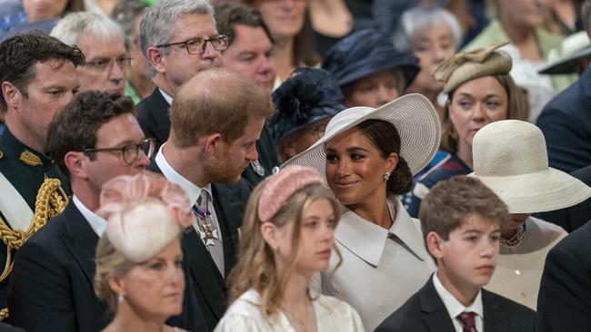 Prince Harry and Meghan on the second row at the service of thanksgiving for the Queen. on June 3, 2022. Picture: Arthur Edwards – WPA Pool/Getty Images.