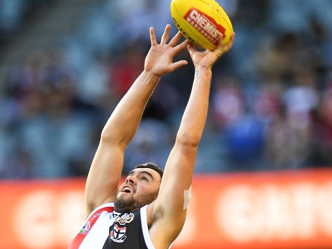 Saint Paddy McCartin is aggressive in the air. Pic: AAP I