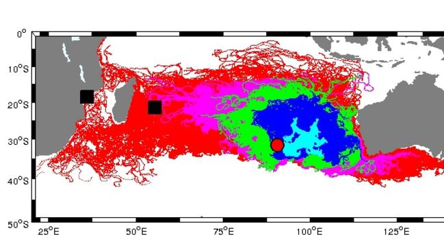 Drift modelling by Professor Charitha Pattiaratchi from the University of WA shows the likelihood of MH370 debris turning up in western and southern Australia, based on the current search site.