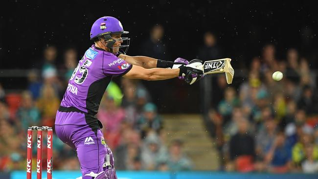 Johan Botha breaks his bat as he plays a shot against the Heat last month. Picture: AAP